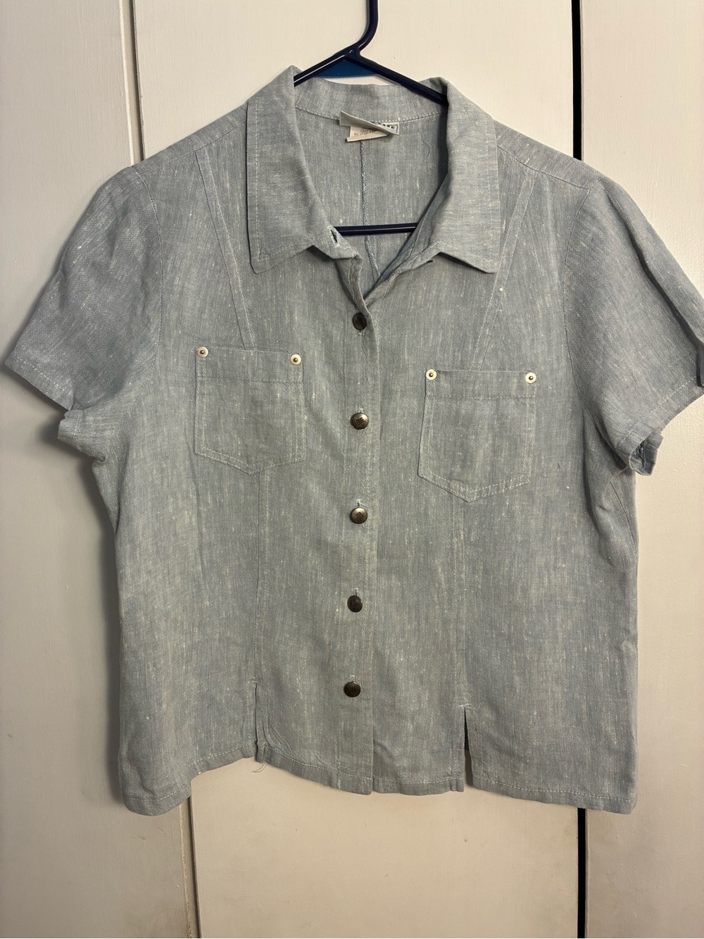 Vintage Studio Ease Womens Blue Linen Button Up Camp Shirt Career Safari Linen